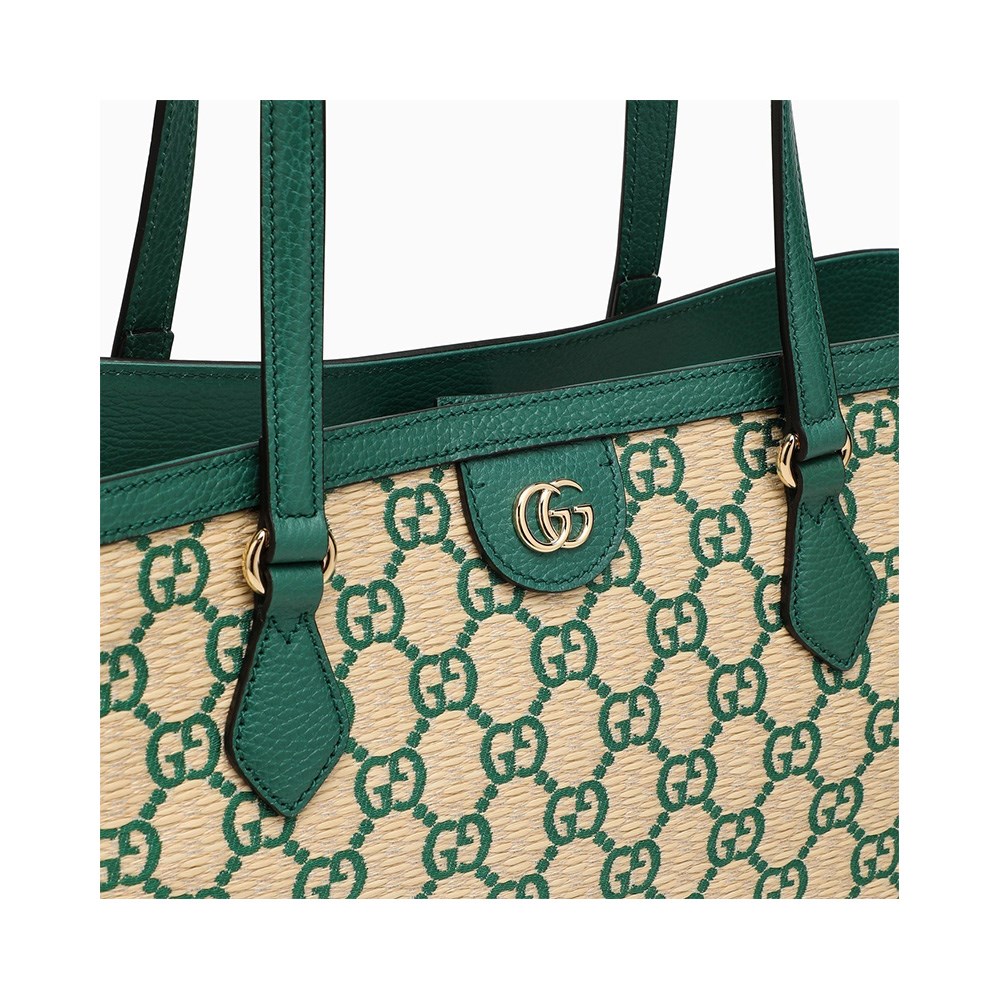 【GUCCI 古馳】631685 經典GG LOGO系列草編拉菲草牛皮飾邊手提肩背媽媽包購物包(綠色)