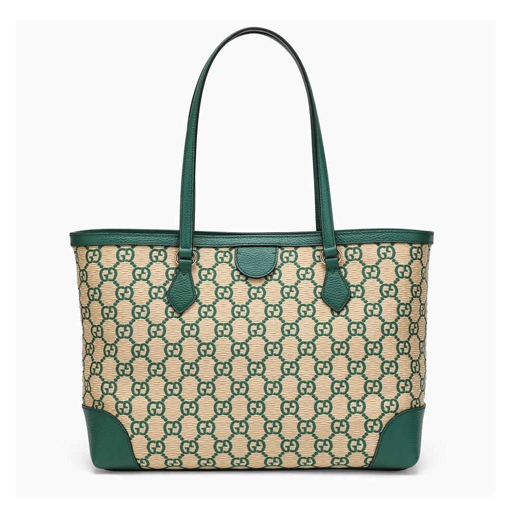 【GUCCI 古馳】631685 經典GG LOGO系列草編拉菲草牛皮飾邊手提肩背媽媽包購物包(綠色)