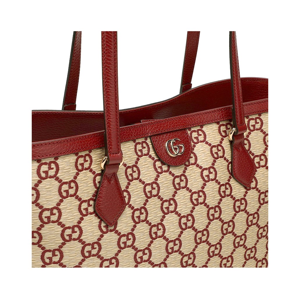 【GUCCI 古馳】631685 經典GG LOGO系列草編拉菲草牛皮飾邊手提肩背媽媽包購物包(紅色)