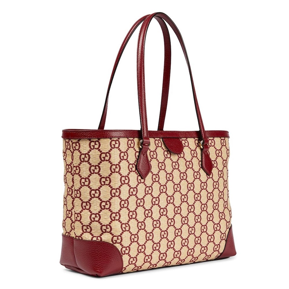 【GUCCI 古馳】631685 經典GG LOGO系列草編拉菲草牛皮飾邊手提肩背媽媽包購物包(紅色)