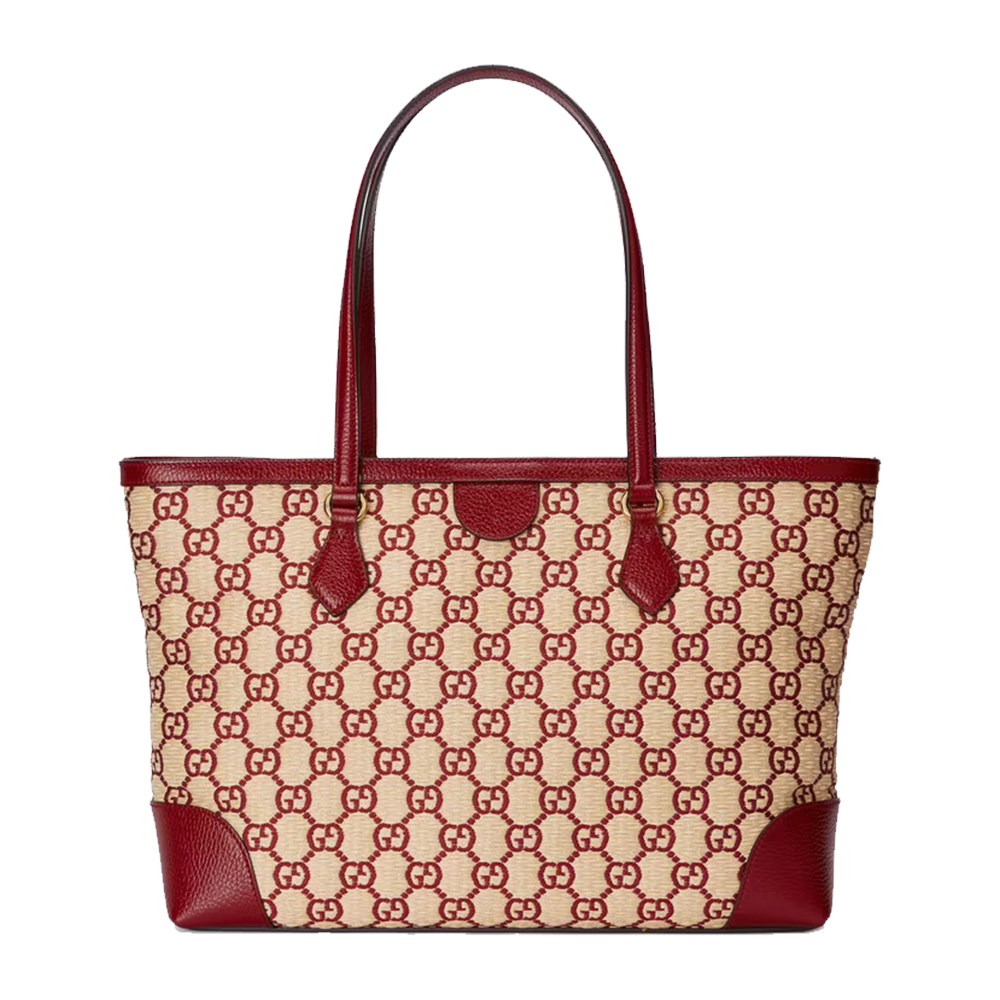 【GUCCI 古馳】631685 經典GG LOGO系列草編拉菲草牛皮飾邊手提肩背媽媽包購物包(紅色)