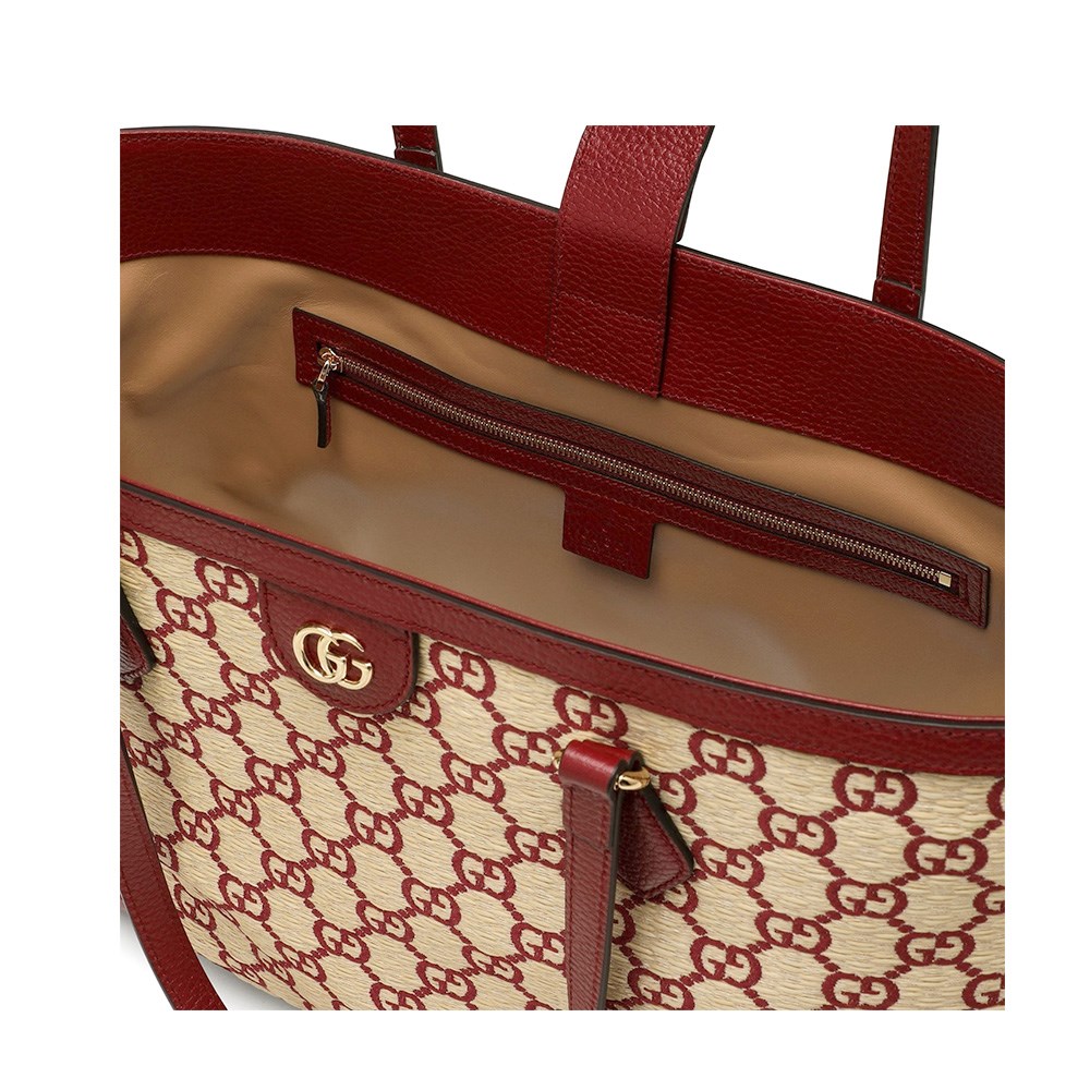 【GUCCI 古馳】631685 經典GG LOGO系列草編拉菲草牛皮飾邊手提肩背媽媽包購物包(紅色)