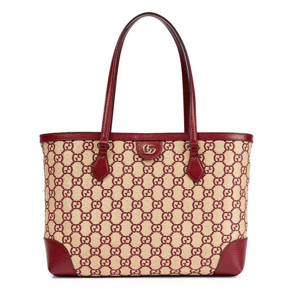 【GUCCI 古馳】631685 經典GG LOGO系列草編拉菲草牛皮飾邊手提肩背媽媽包購物包(紅色)