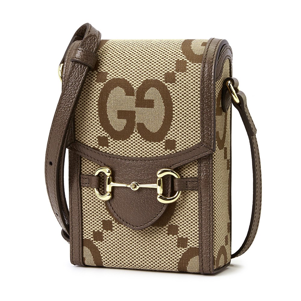 【GUCCI 古馳】625615 經典1955系列Jumbo GG帆布馬銜扣肩背斜背手機包(棕色)