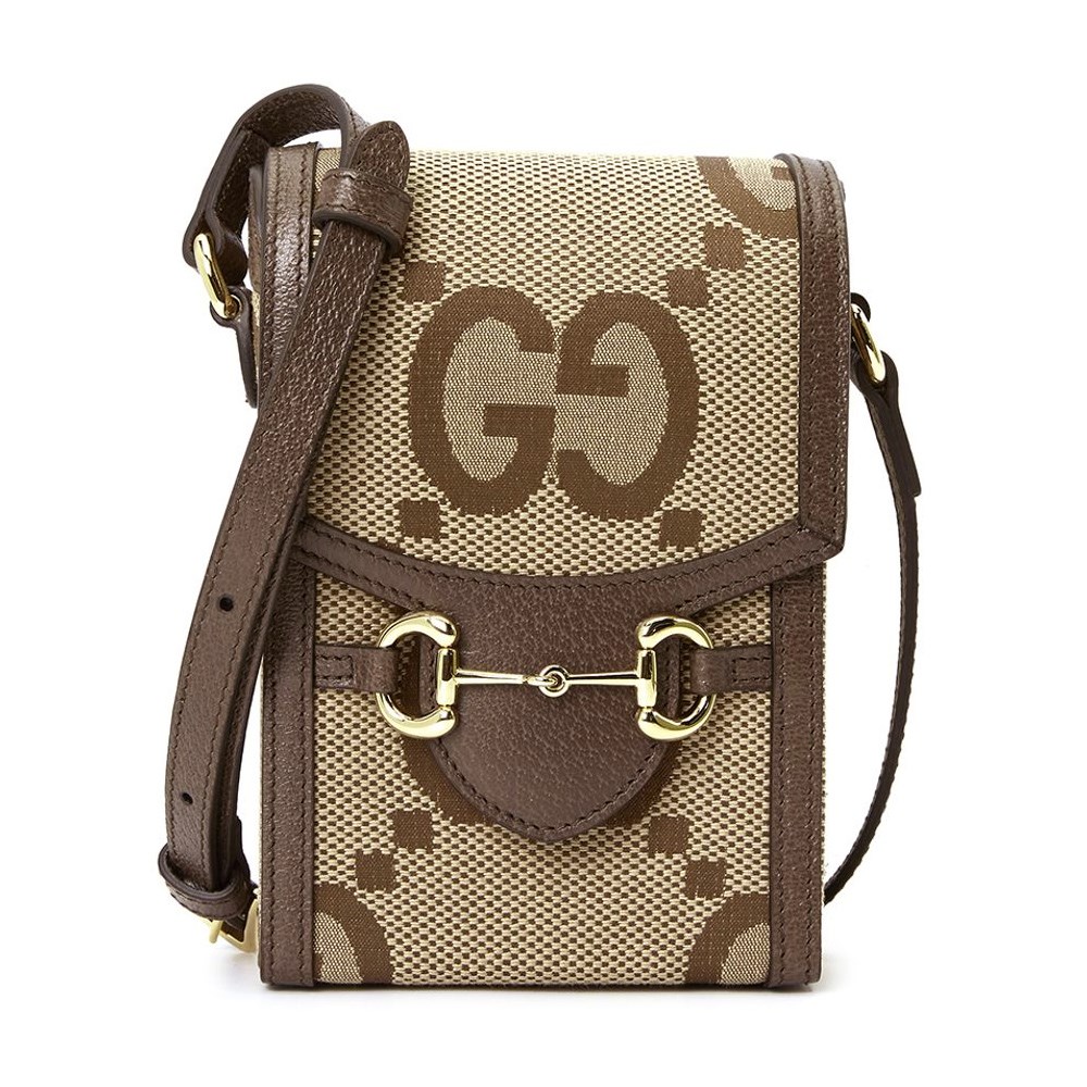 【GUCCI 古馳】625615 經典1955系列Jumbo GG帆布馬銜扣肩背斜背手機包(棕色)