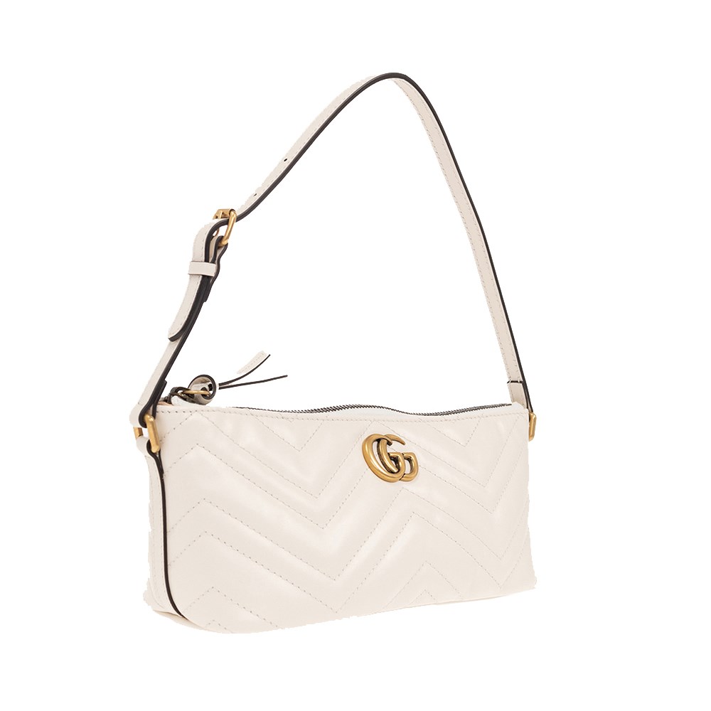 【GUCCI 古馳】 739166 經典Marmont系列絎縫牛皮金扣手提肩背包腋下包(白色)