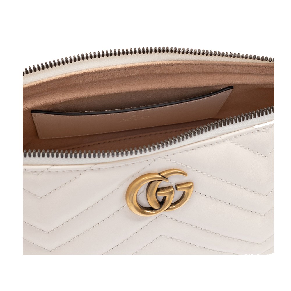 【GUCCI 古馳】 739166 經典Marmont系列絎縫牛皮金扣手提肩背包腋下包(白色)
