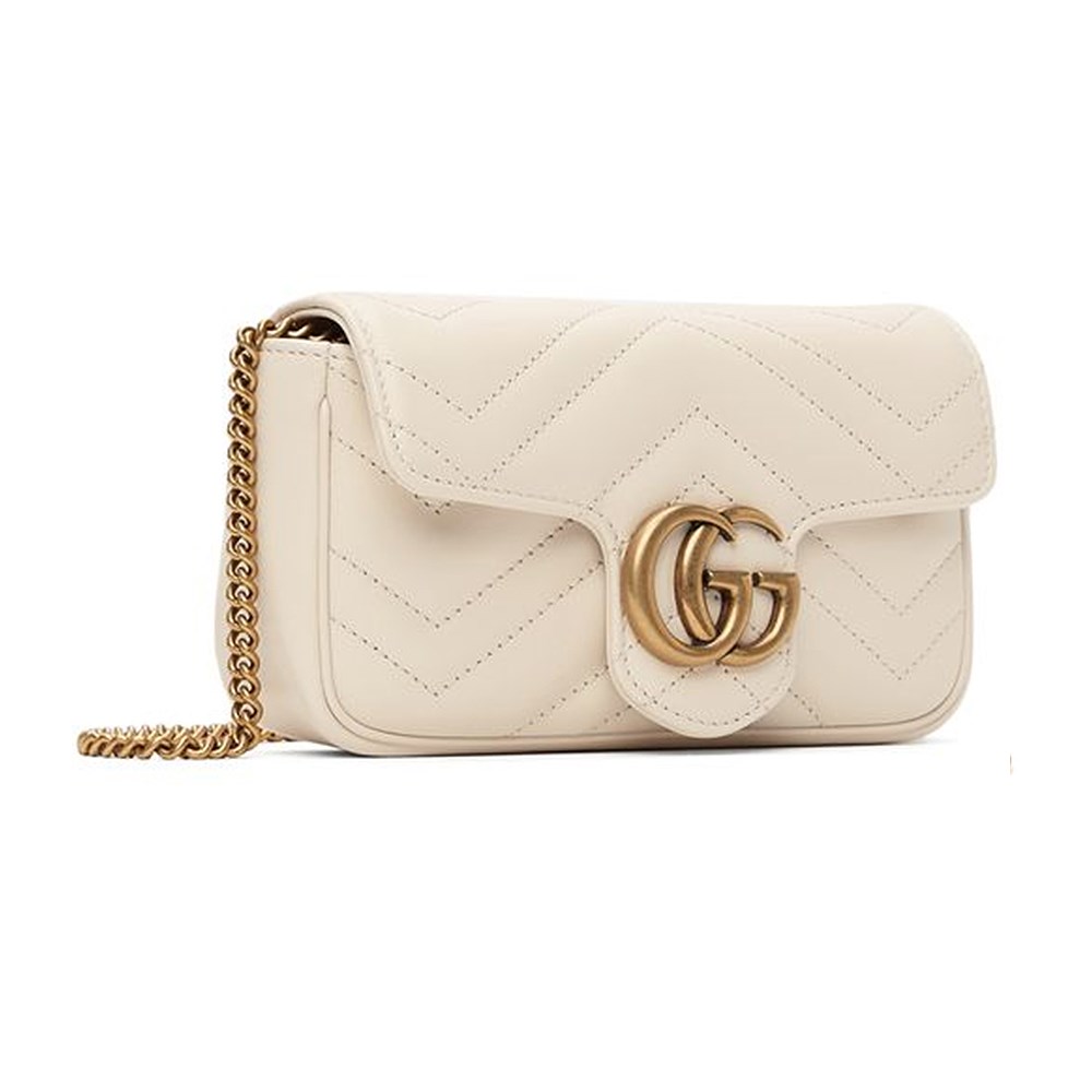 【GUCCI 古馳】476433 經典Marmont系列仿舊金色GG LOGO牛皮山字紋MINI款手拿/腰包/肩背/斜背包(白色)