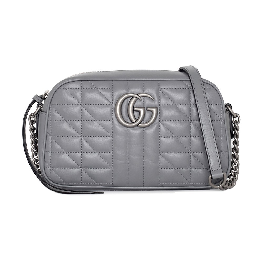 【GUCCI 古馳】447632 經典GG Marmont系列仿舊銀色雙G LOGO牛皮拉鍊相機包斜背包 (灰色)
