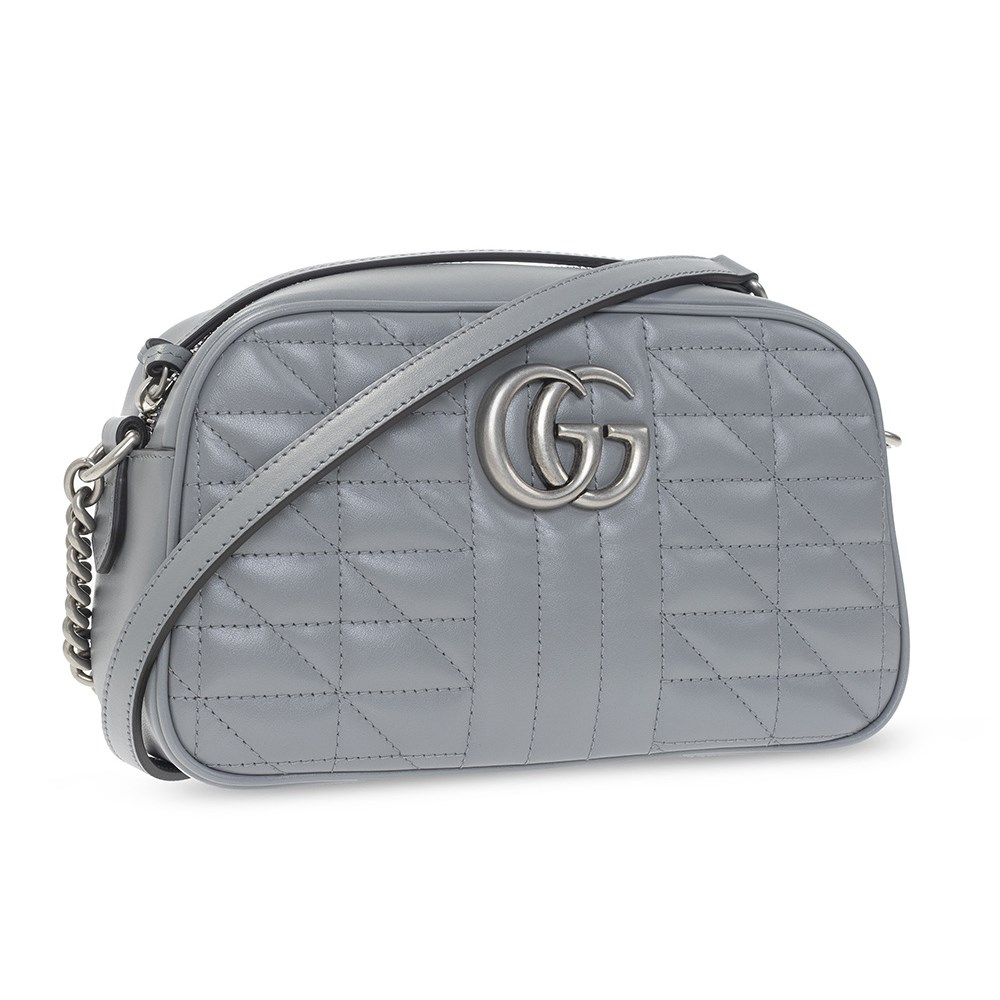 【GUCCI 古馳】447632 經典GG Marmont系列仿舊銀色雙G LOGO牛皮拉鍊相機包斜背包 (灰色)