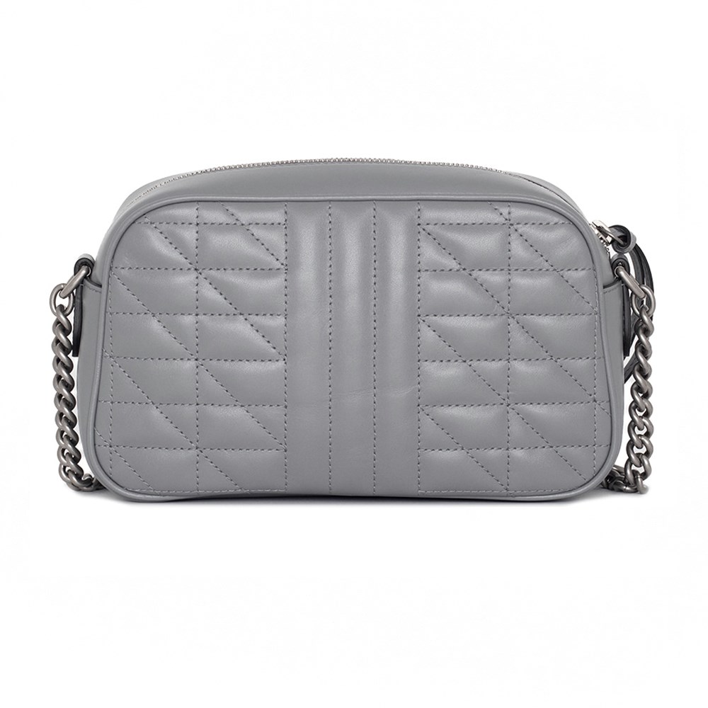 【GUCCI 古馳】447632 經典GG Marmont系列仿舊銀色雙G LOGO牛皮拉鍊相機包斜背包 (灰色)