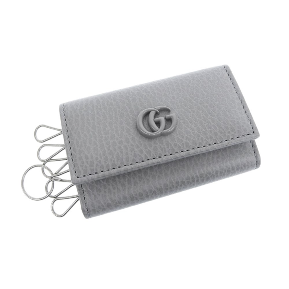 【GUCCI 古馳】456118 經典GG LOGO荔枝紋牛皮暗扣鑰匙包(灰色)