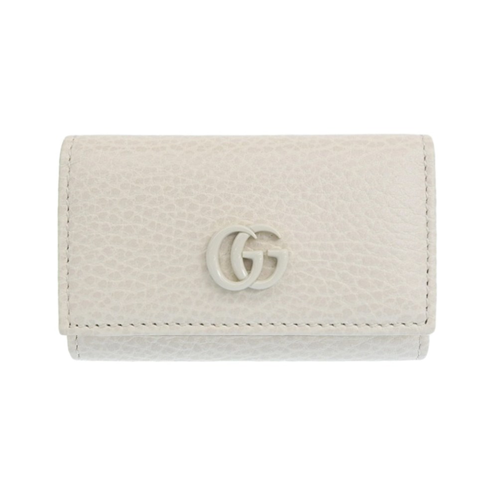 【GUCCI 古馳】456118 經典GG LOGO荔枝紋牛皮暗扣鑰匙包(白色) 