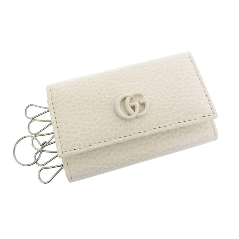 【GUCCI 古馳】456118 經典GG LOGO荔枝紋牛皮暗扣鑰匙包(白色) 