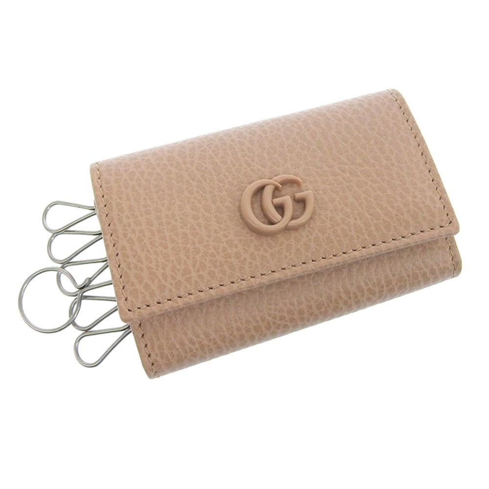 【GUCCI 古馳】456118 經典GG LOGO荔枝紋牛皮暗扣鑰匙包(膚色)  
