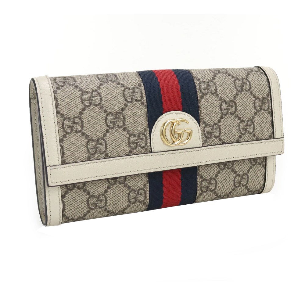 【GUCCI 】 523153 經典Ophidia系列GG帆布織帶皮革飾邊對開長夾(白色)