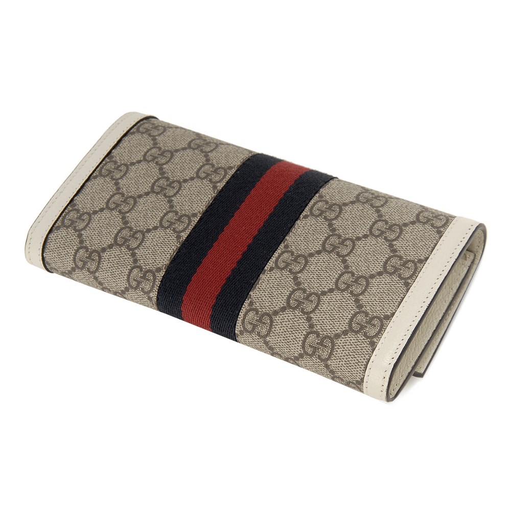 【GUCCI 】 523153 經典Ophidia系列GG帆布織帶皮革飾邊對開長夾(白色)