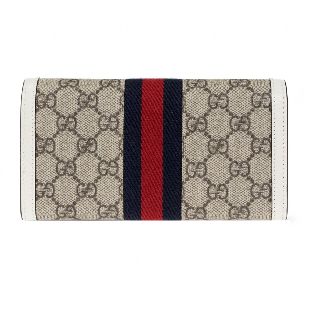 【GUCCI 】 523153 經典Ophidia系列GG帆布織帶皮革飾邊對開長夾(白色)