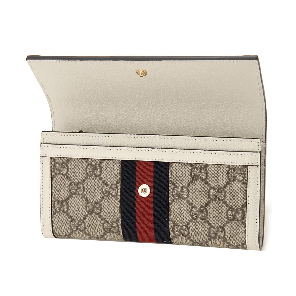 【GUCCI 】 523153 經典Ophidia系列GG帆布織帶皮革飾邊對開長夾(白色)