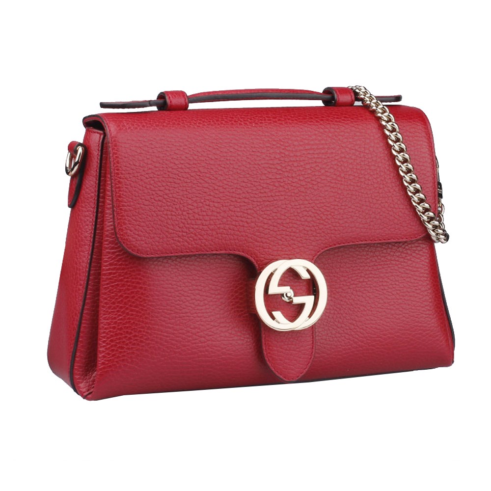 【GUCCI 古馳】510302 經典雙G LOGO荔枝紋全皮單鍊肩背/斜背包/手提兩用包 (紅色)