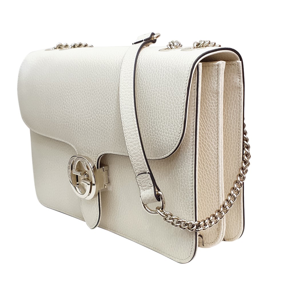 【GUCCI 古馳】510303 經典Interlocking系列雙G LOGO全皮革淡金鍊肩背/斜背包(白色)