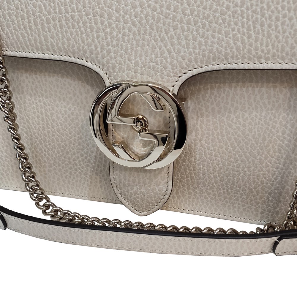 【GUCCI 古馳】510303 經典Interlocking系列雙G LOGO全皮革淡金鍊肩背/斜背包(白色)