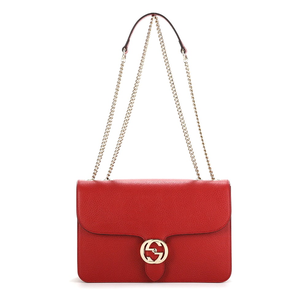 【GUCCI 古馳】510303 經典Interlocking系列雙G LOGO全皮革淡金鍊肩背/斜背包(紅色)