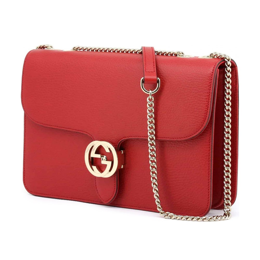 【GUCCI 古馳】510303 經典Interlocking系列雙G LOGO全皮革淡金鍊肩背/斜背包(紅色)