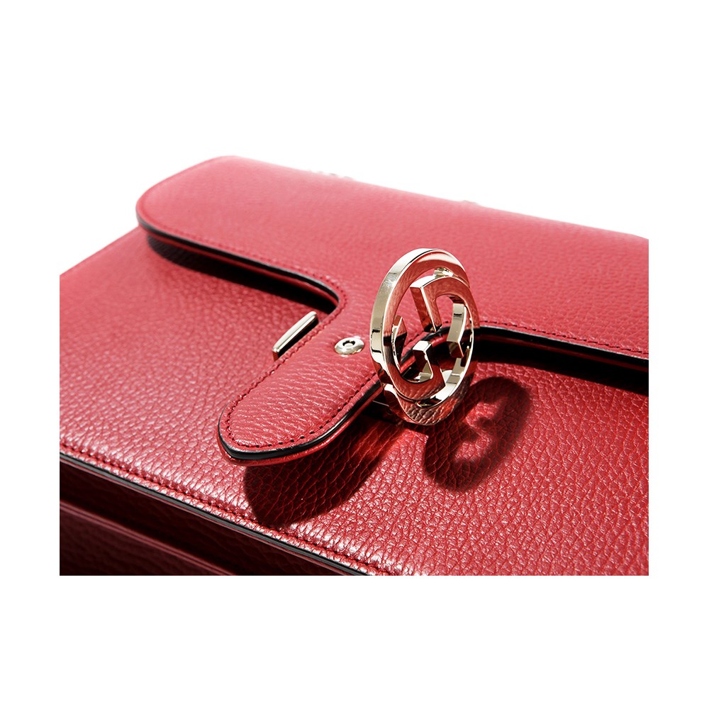 【GUCCI 古馳】510303 經典Interlocking系列雙G LOGO全皮革淡金鍊肩背/斜背包(紅色)