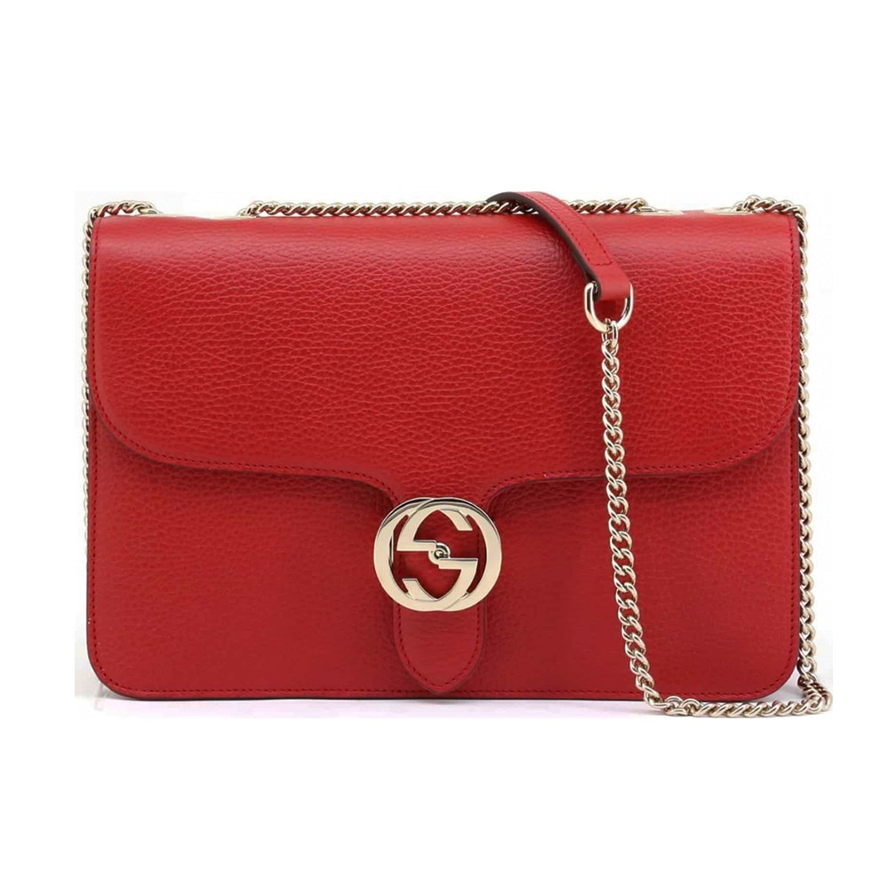 【GUCCI 古馳】510303 經典Interlocking系列雙G LOGO全皮革淡金鍊肩背/斜背包(紅色)