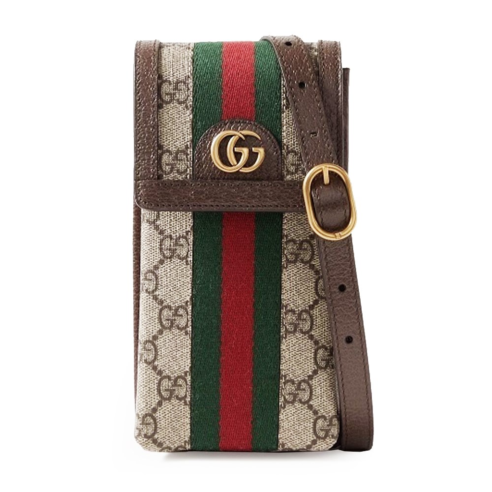 【  GUCCI 古馳  】746307 經典Ophidia系列雙色織帶復古LOGO迷你手機包斜背包(棕色)
