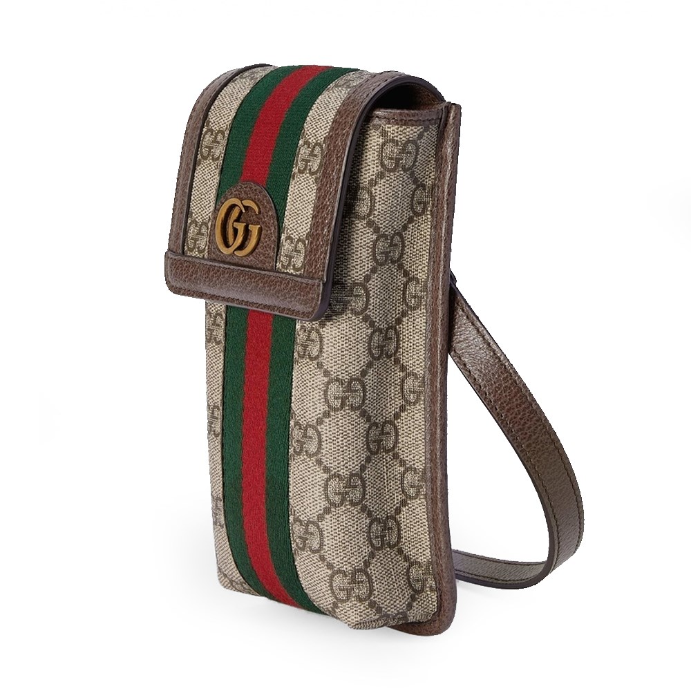 【  GUCCI 古馳  】746307 經典Ophidia系列雙色織帶復古LOGO迷你手機包斜背包(棕色)