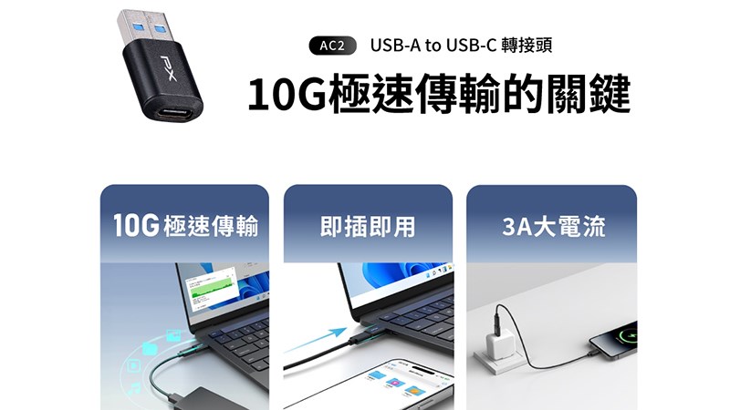 PX 大通 USB 3.2 A公 轉 Type C母轉接頭 OTG隨插即用 10G高速傳輸 AC2