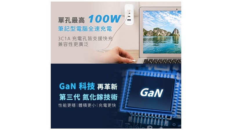 WONDER 旺德電通 100W GaN氮化鎵極速智能充電器 WA-A17TS4 3C+1A