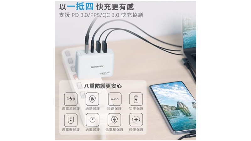 WONDER 旺德電通 100W GaN氮化鎵極速智能充電器 WA-A17TS4 3C+1A