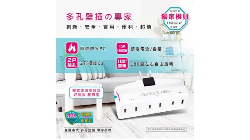 日本新創 同排3插轉向插座 TNT-853R 2P擴充插座 1插轉2孔3座  左右180度旋轉 聖岡科技