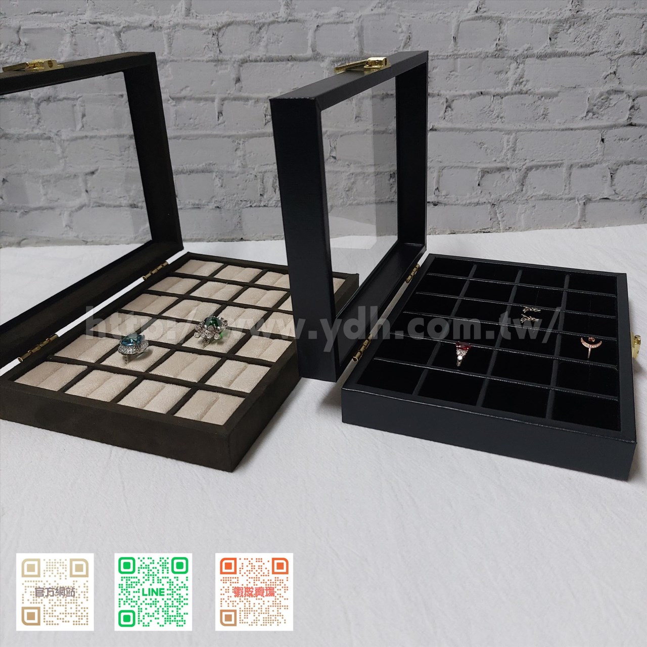 15x21公分24格玻璃蓋戒指收納盒(黑皮/麂皮)