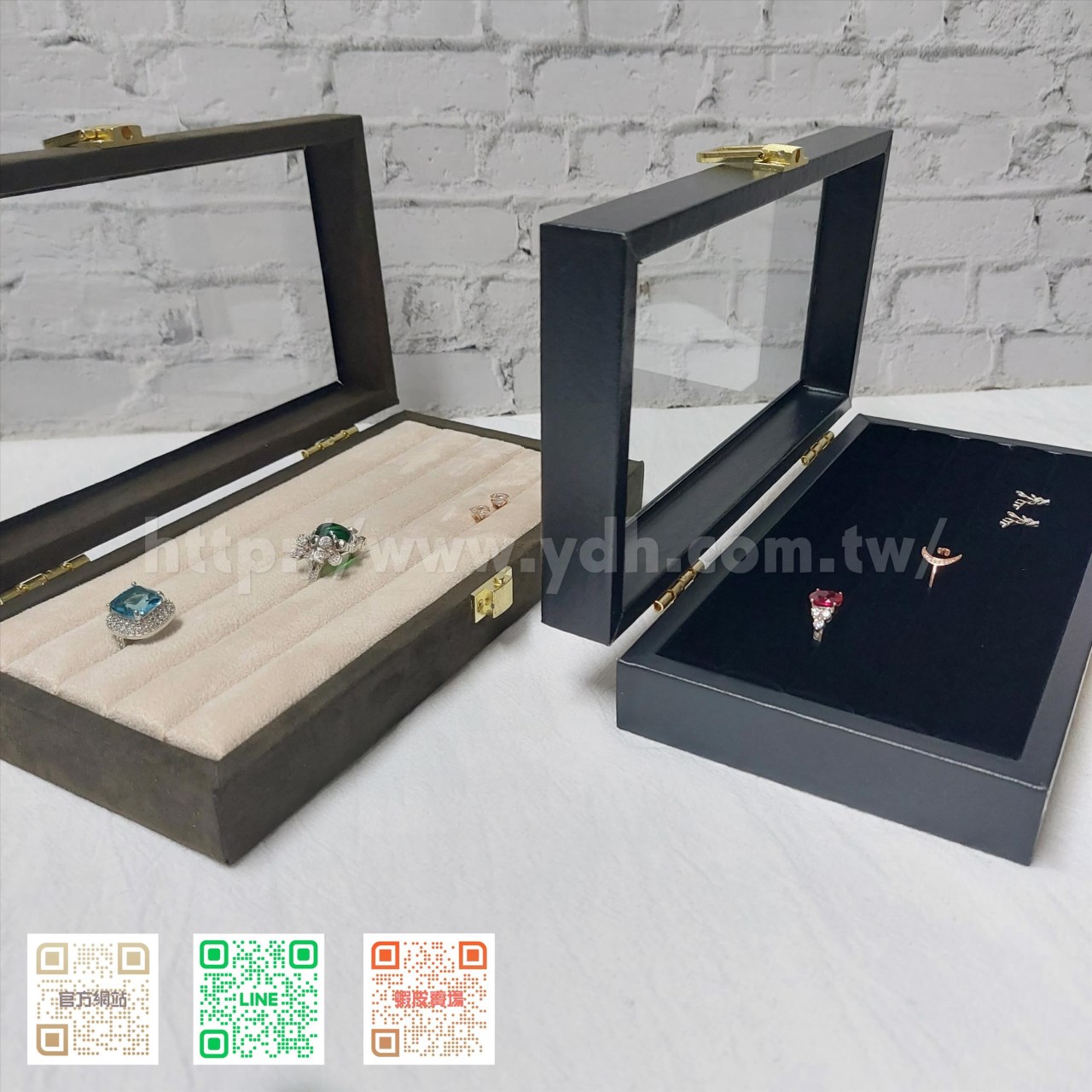11x22公分玻璃蓋戒指收納盒(黑皮/麂皮)