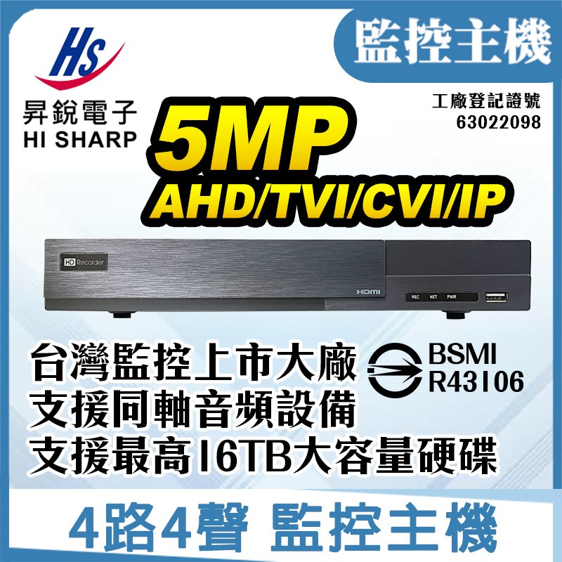 昇銳 4路4聲 5MP AHD TVI CVI IP 同軸音頻監控主機
