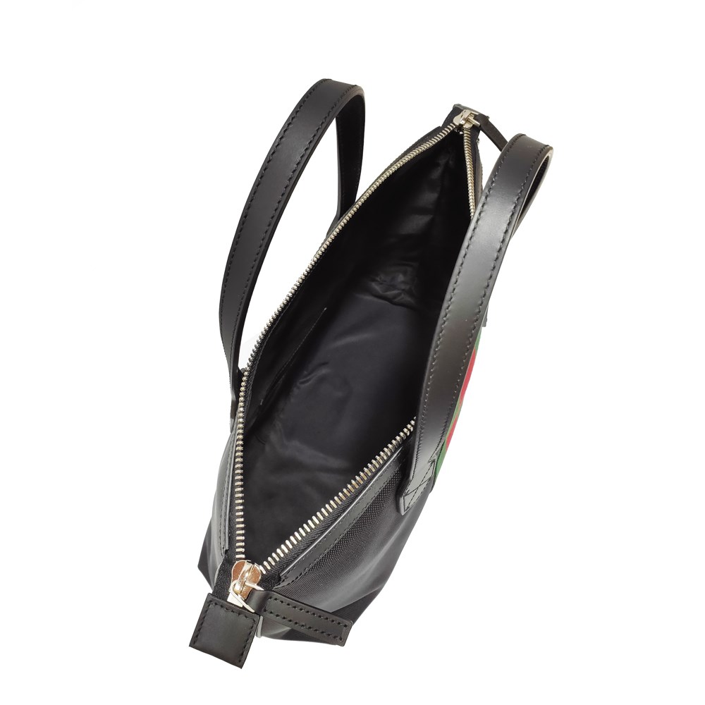 【GUCCI 】630923 經典帆布織帶皮革飾邊中性款手提肩背/斜背包(黑色)