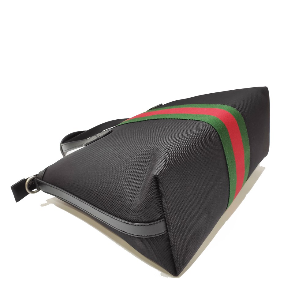 【GUCCI 】630923 經典帆布織帶皮革飾邊中性款手提肩背/斜背包(黑色)