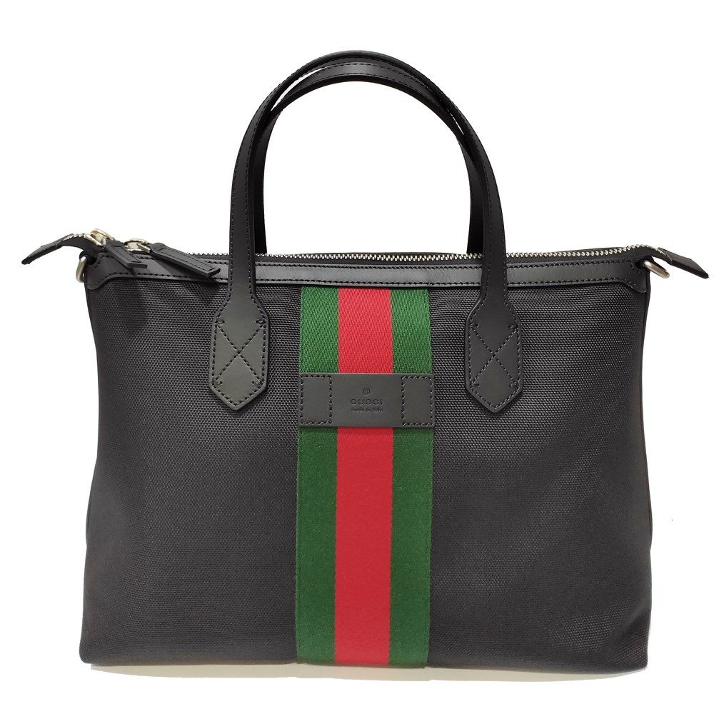 【GUCCI 】630923 經典帆布織帶皮革飾邊中性款手提肩背/斜背包(黑色)