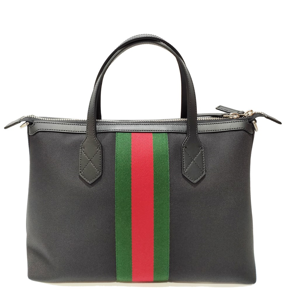 【GUCCI 】630923 經典帆布織帶皮革飾邊中性款手提肩背/斜背包(黑色)