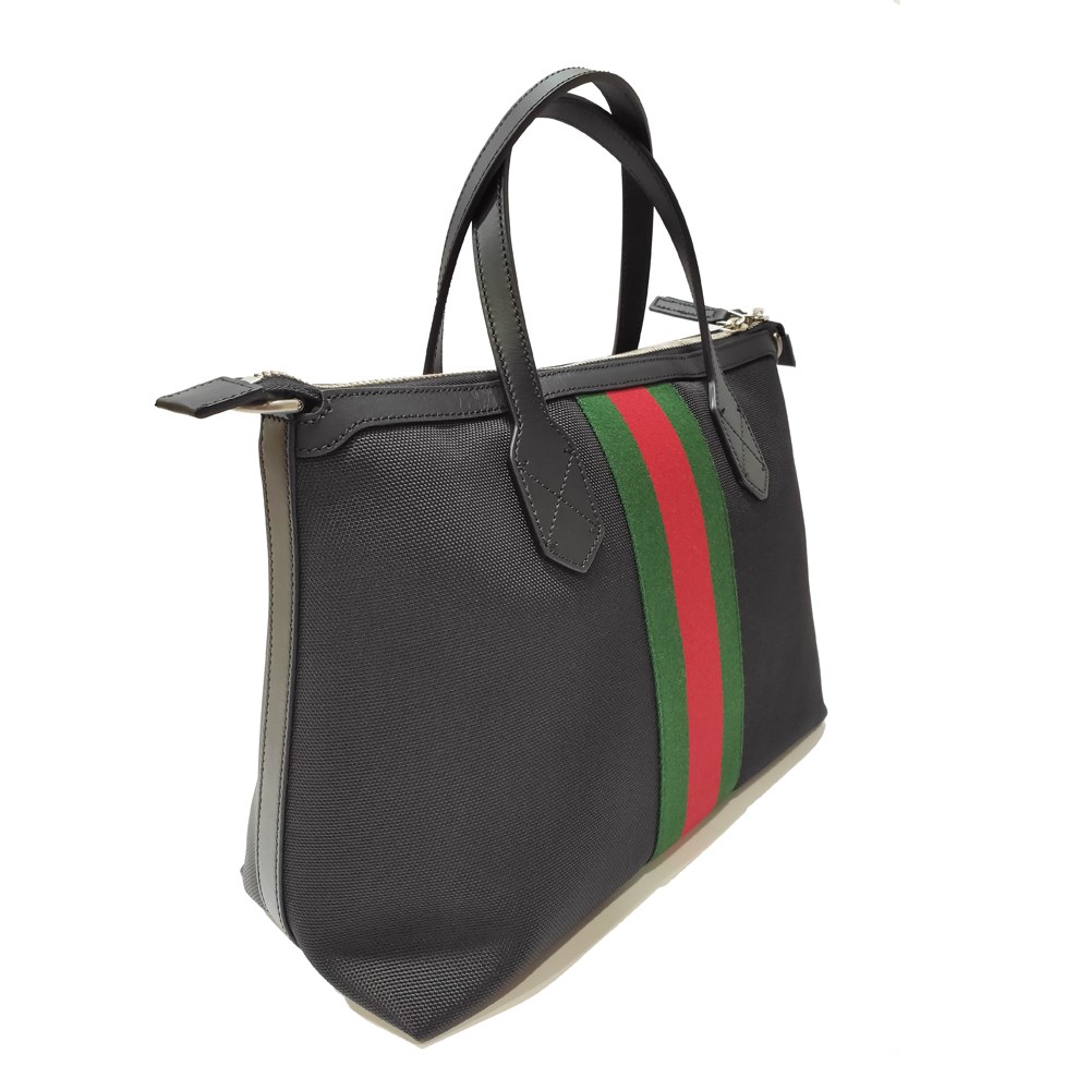 【GUCCI 】630923 經典帆布織帶皮革飾邊中性款手提肩背/斜背包(黑色)