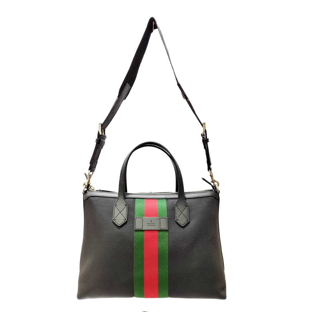 【GUCCI 】630923 經典帆布織帶皮革飾邊中性款手提肩背/斜背包(黑色)