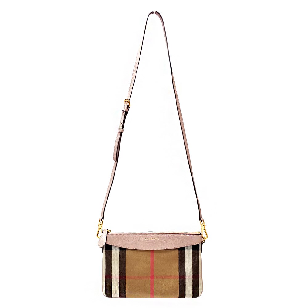 【BURBERRY 】39968841 經典格紋Peyton House系列牛皮飾編肩背斜背/手拿包(粉)