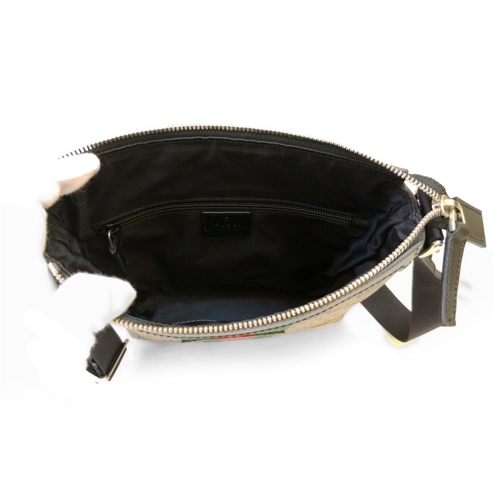 【GUCCI 】471454 經典綠紅綠織帶GG防水帆布方形斜背包(棕色)