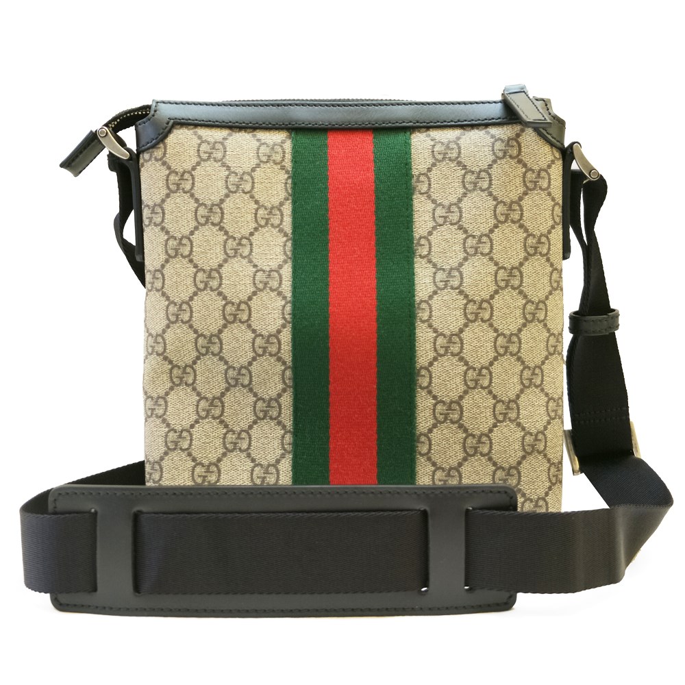 【GUCCI 】471454 經典綠紅綠織帶GG防水帆布方形斜背包(棕色)