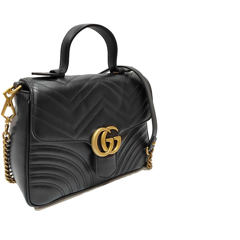 【GUCCI 】498110 Marmont 仿舊金色 LOGO牛皮暗釦手提/斜背包(黑色)
