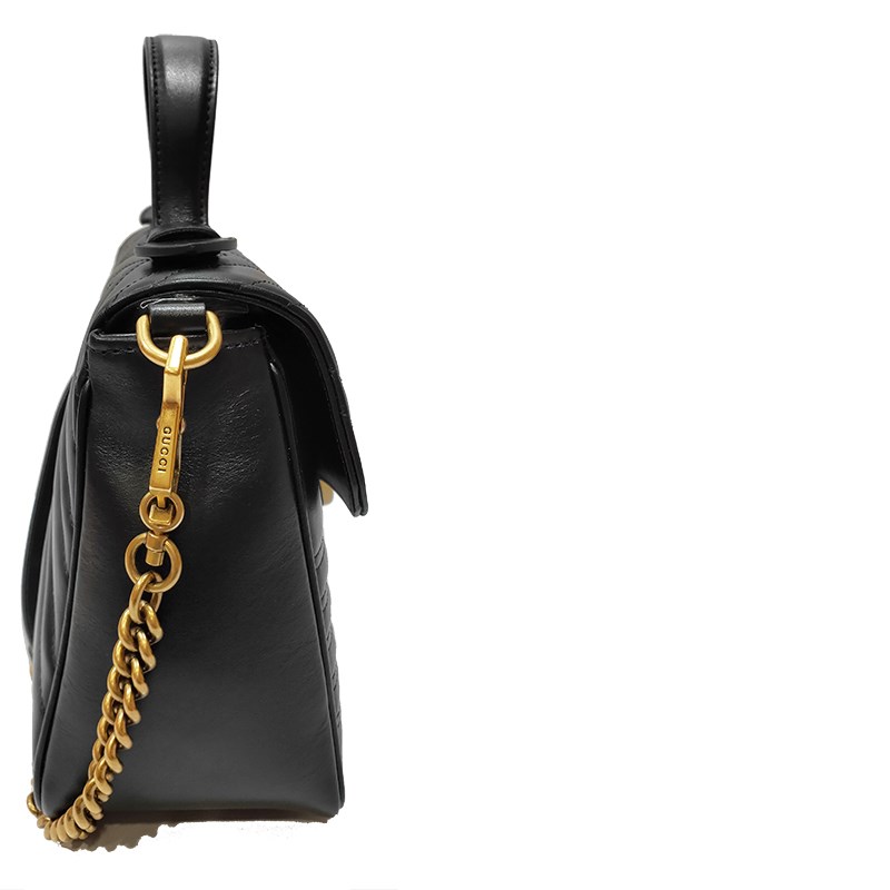 【GUCCI 】498110 Marmont 仿舊金色 LOGO牛皮暗釦手提/斜背包(黑色)